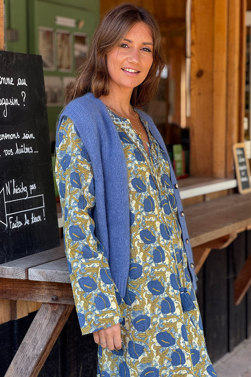 Gilet sans manches bleu jean en maille moelleuse kid mohair boutons ecaille