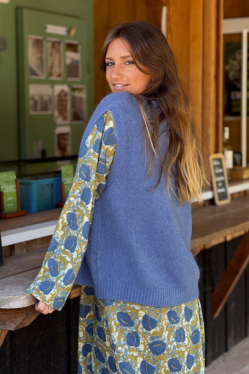 Gilet sans manches bleu jean en maille moelleuse kid mohair boutons ecaille