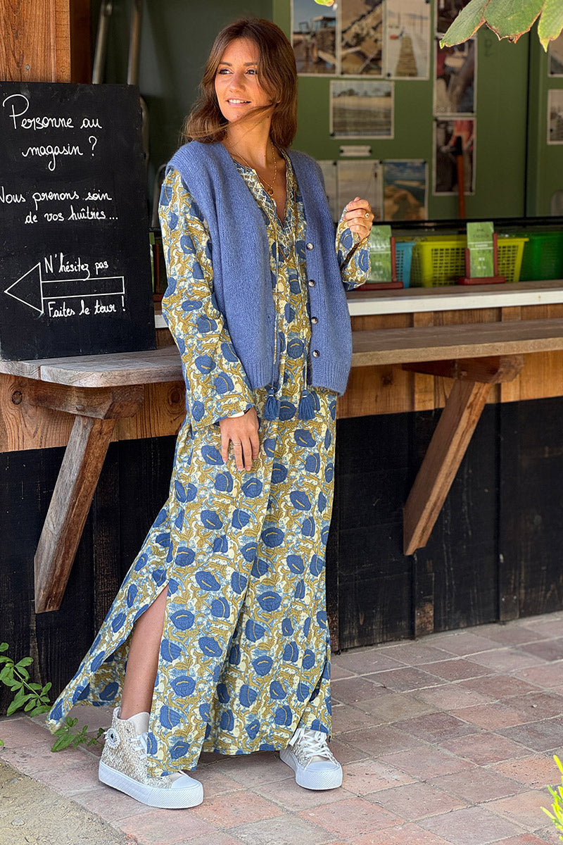 Gilet sans manches bleu jean en maille moelleuse kid mohair boutons ecaille