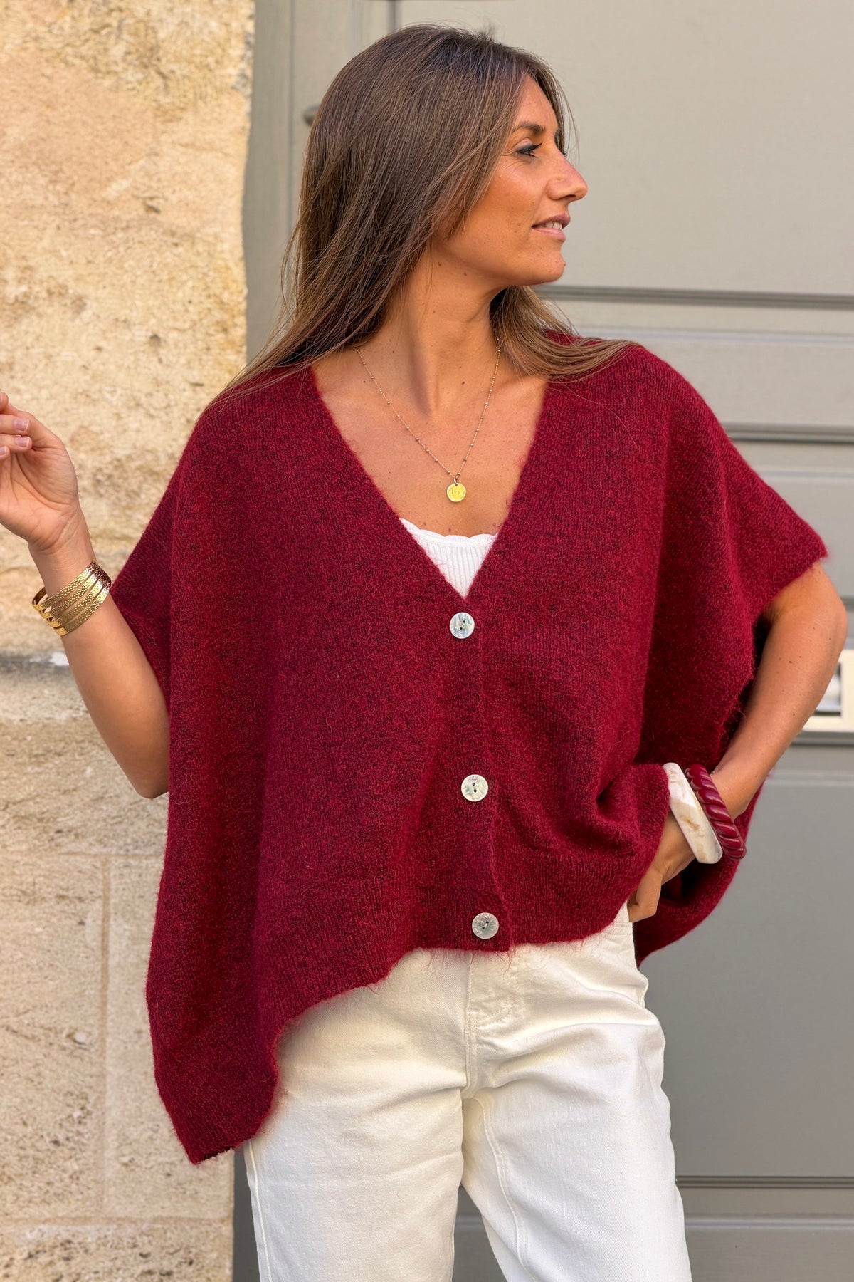 Gilet sans manches bordeaux coupe loose en maille chinée boutons nacrés
