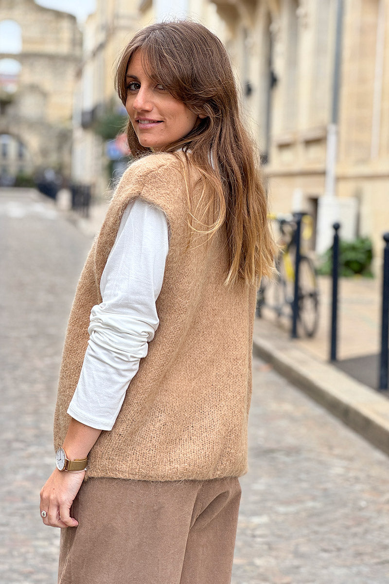 Camel Slouchy Mohair Knit Vest