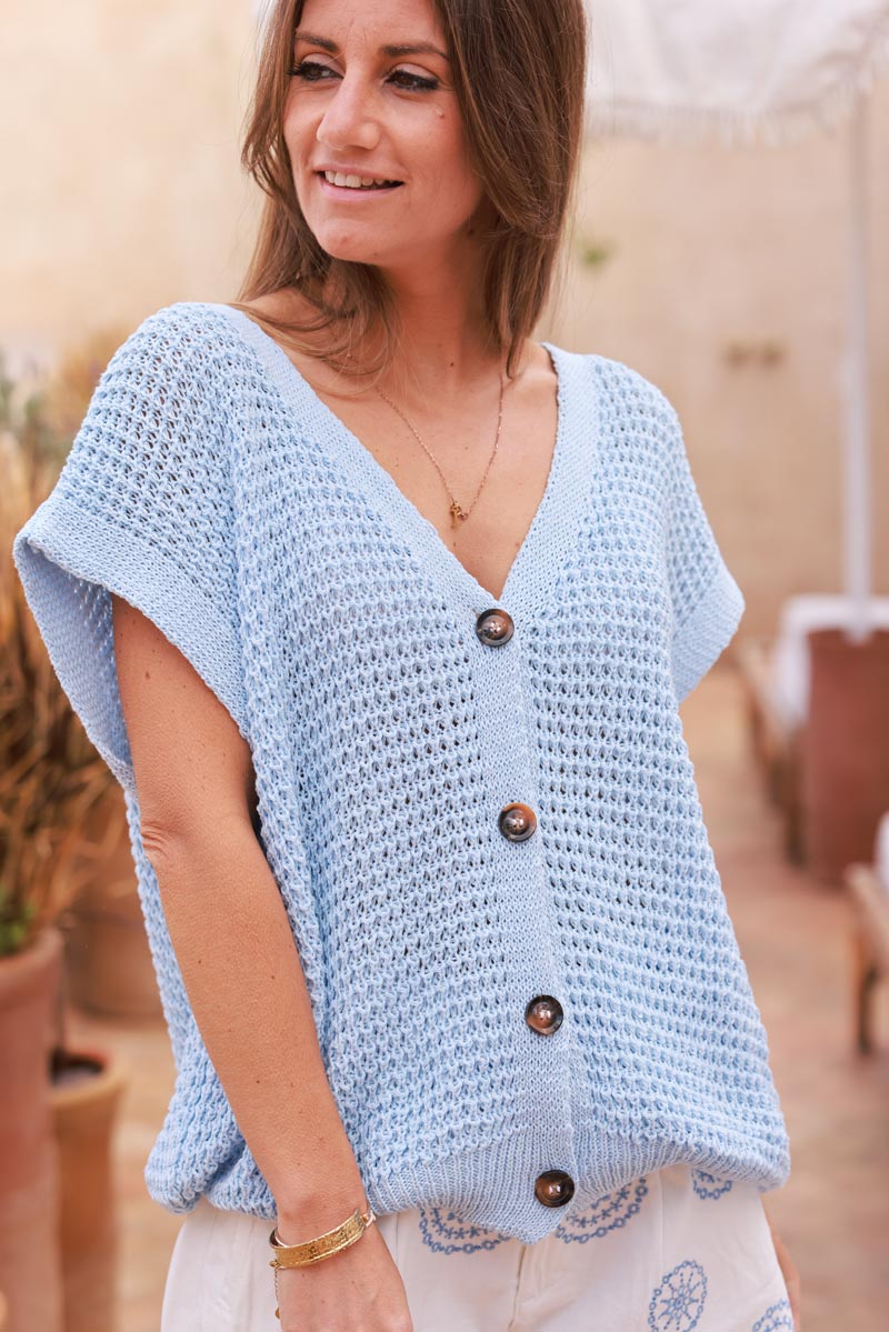 Light Blue Chunky Knit Cap-Sleeve Cardigan