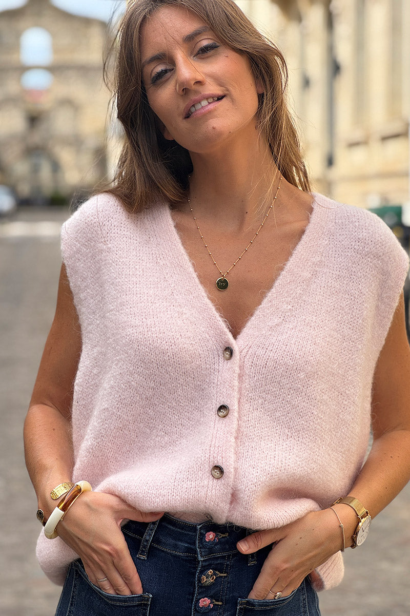 Gilet sans manches rose pâle en maille moelleuse kid mohair boutons écaille