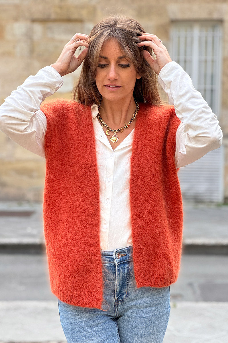 Brick Slouchy Mohair Knit Vest