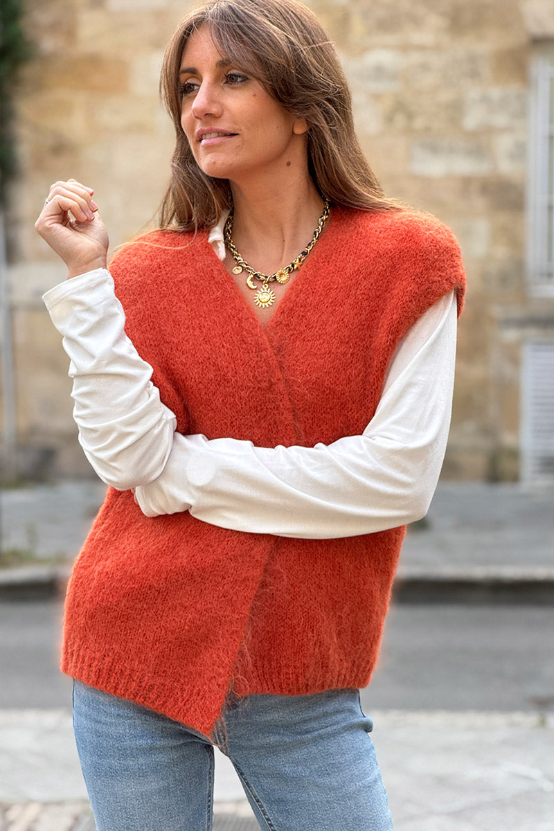 Brick Slouchy Mohair Knit Vest