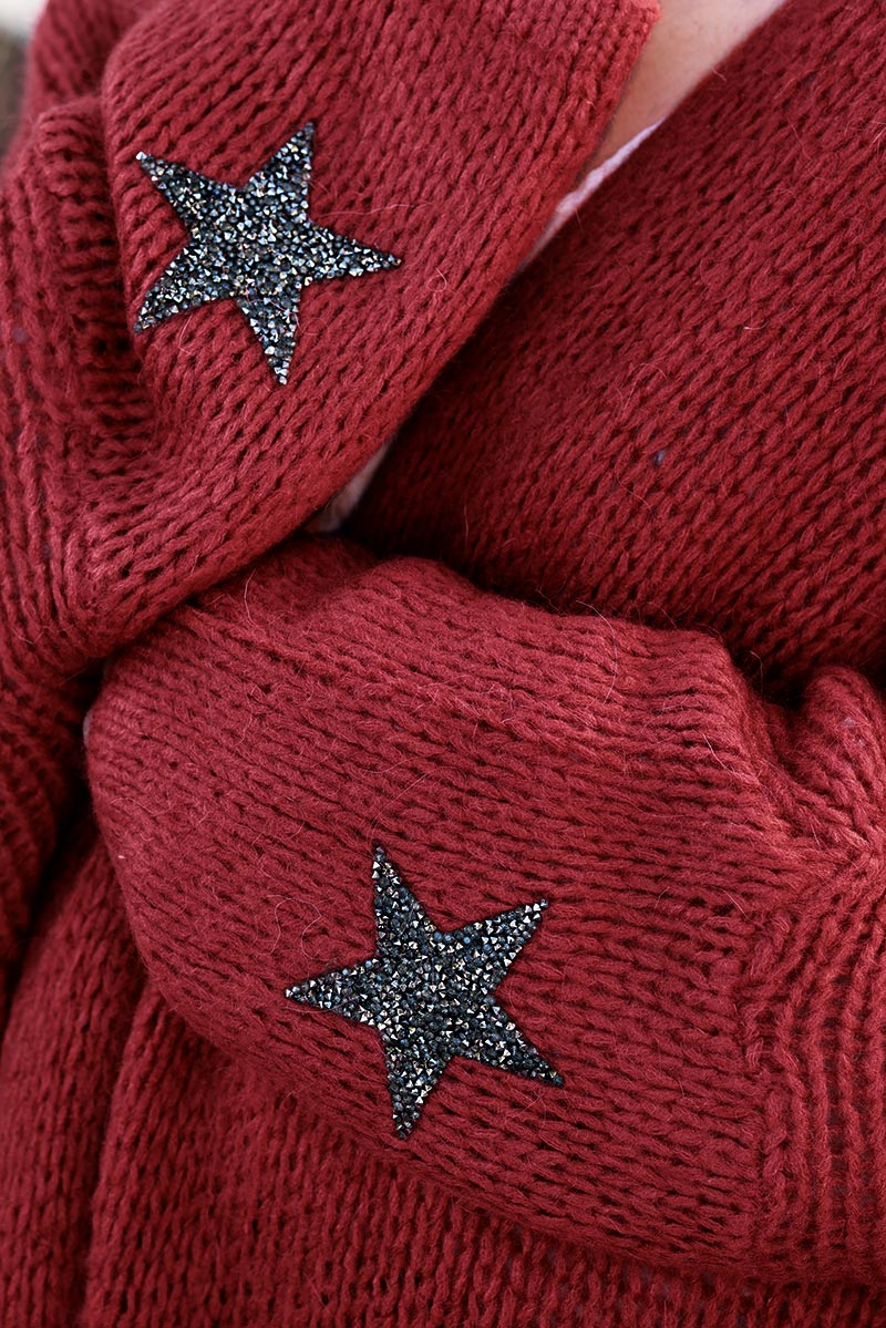 Terracotta medium-long chunky knit cardigan with rhinestone star detail