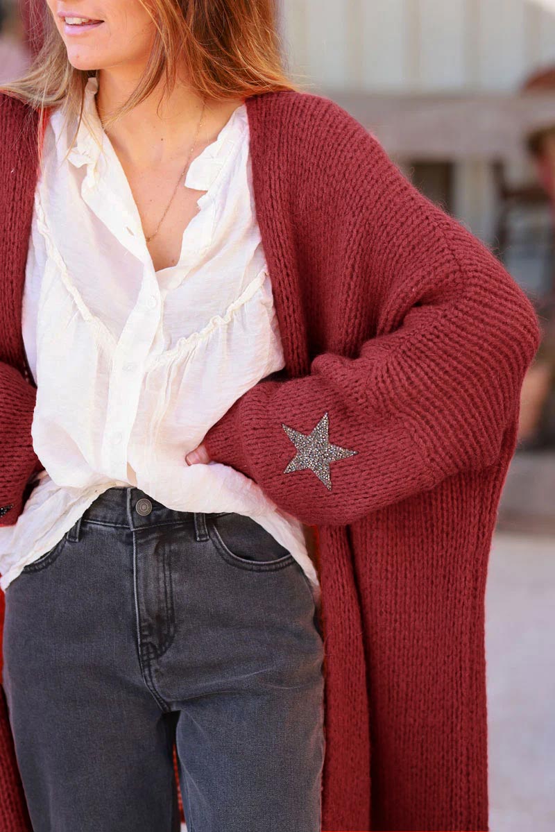 Terracotta medium-long chunky knit cardigan with rhinestone star detail