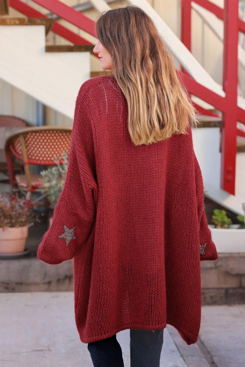 Terracotta medium-long chunky knit cardigan with rhinestone star detail
