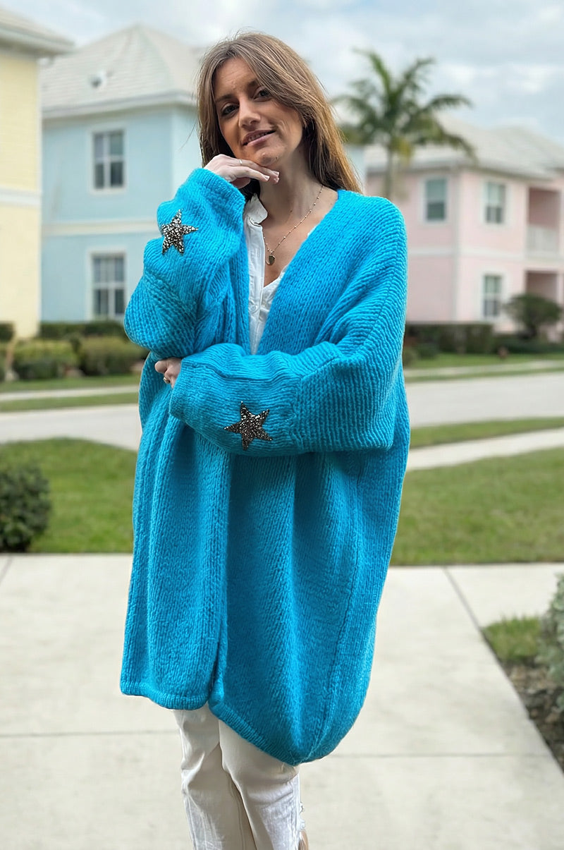 Turquoise Drop-Sleeve Knit Duster with Star Studded Cuffs