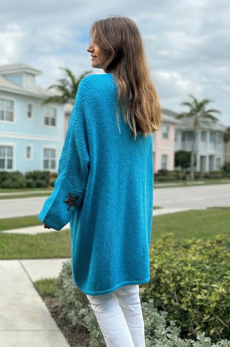 Turquoise Drop-Sleeve Knit Duster with Star Studded Cuffs