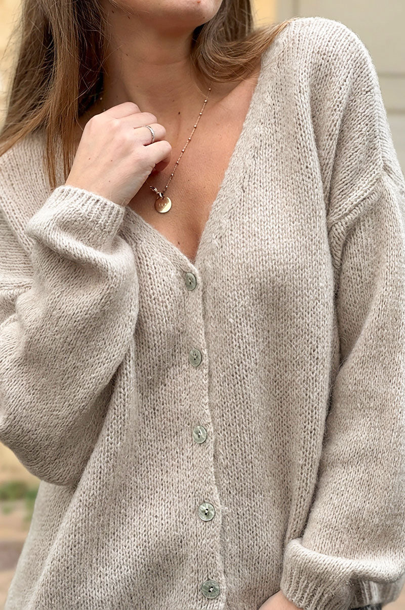 Beige Mother of Pearl Button through V-Neck Cardigan