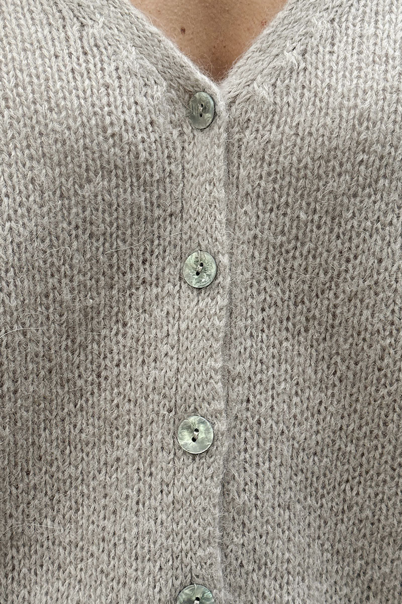 Beige Mother of Pearl Button through V-Neck Cardigan