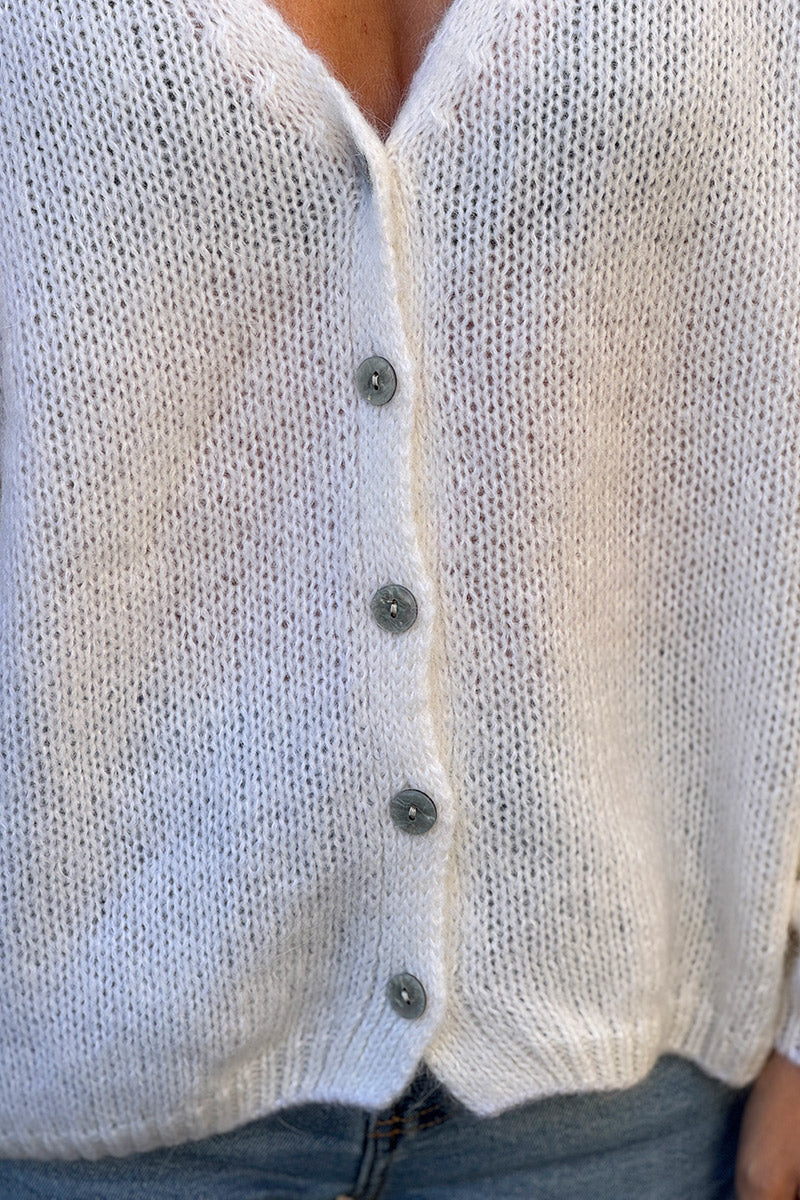 Ivory Mother of Pearl Button through V-Neck Cardigan