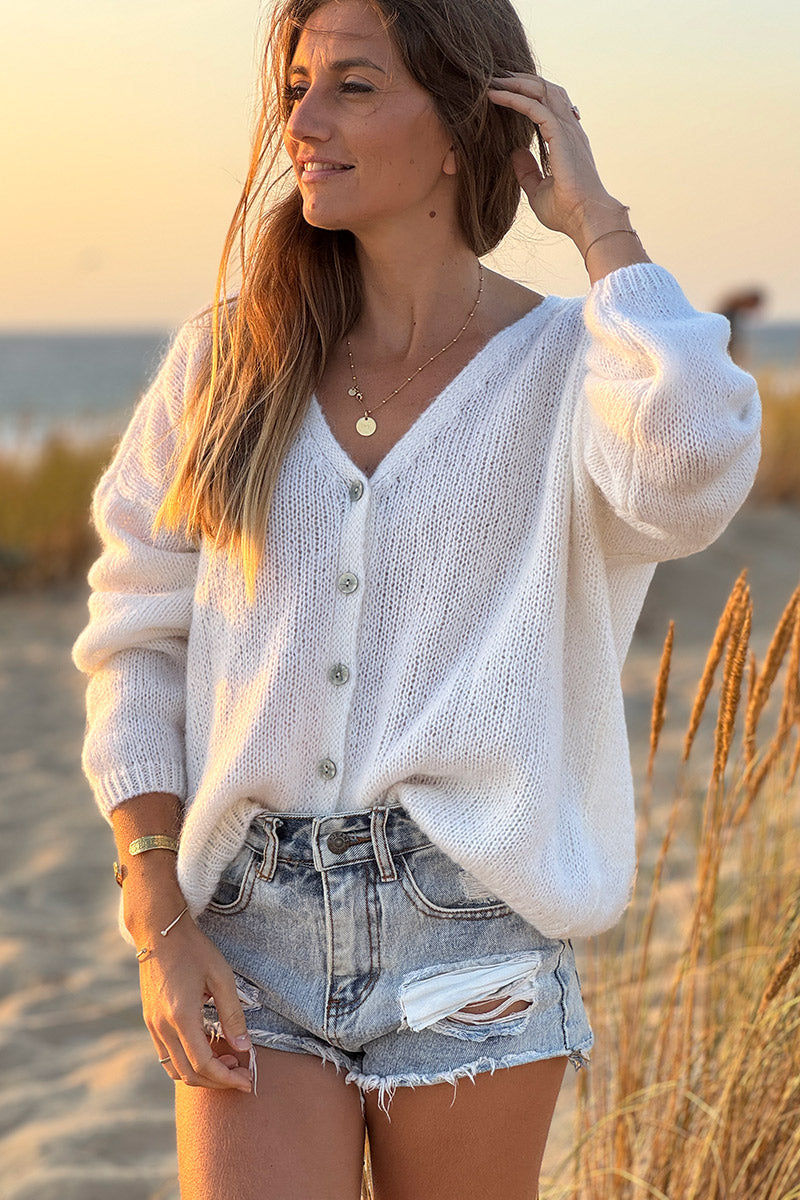 Gilet uni blanc cassé en maille petits boutons nacrés HORIZONS