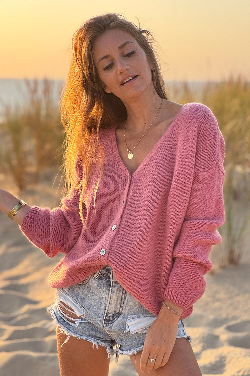 Gilet uni bois de rose en maille petits boutons nacres