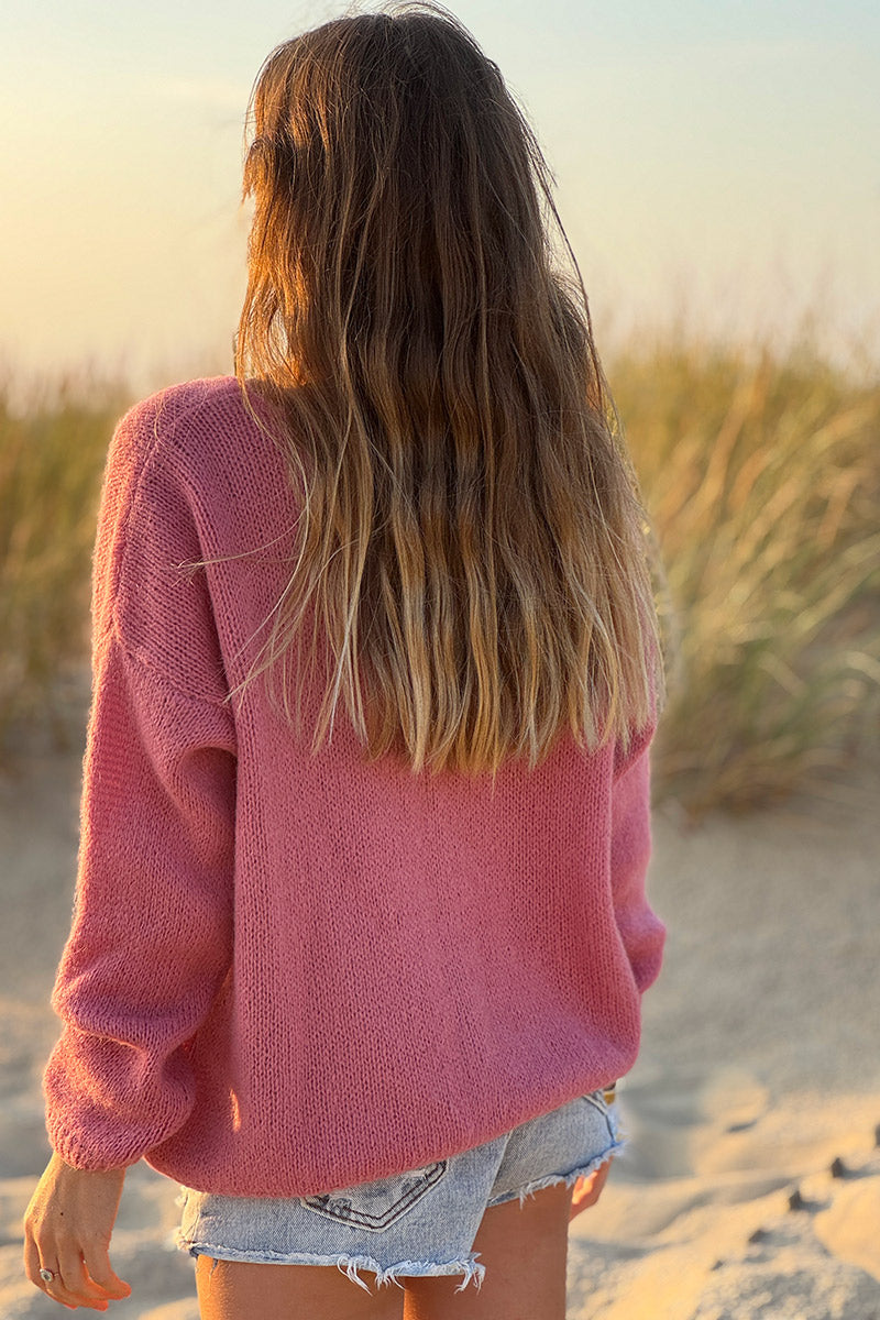 Gilet uni bois de rose en maille petits boutons nacres