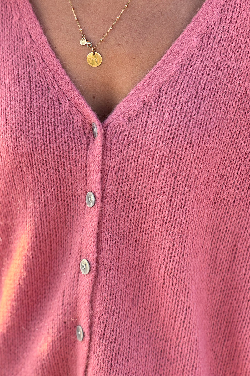 Gilet uni bois de rose en maille petits boutons nacres