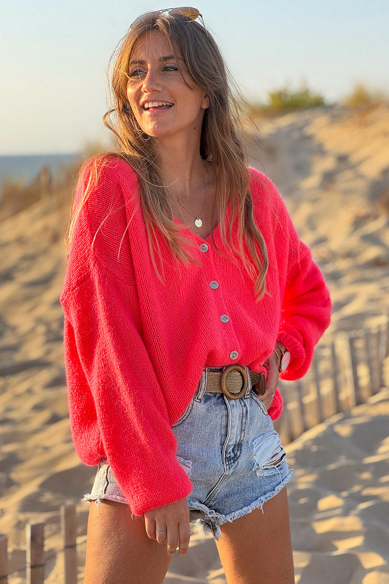 Coral Mother of Pearl Button through V-Neck Cardigan