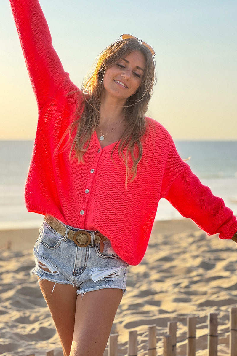 Coral Mother of Pearl Button through V-Neck Cardigan