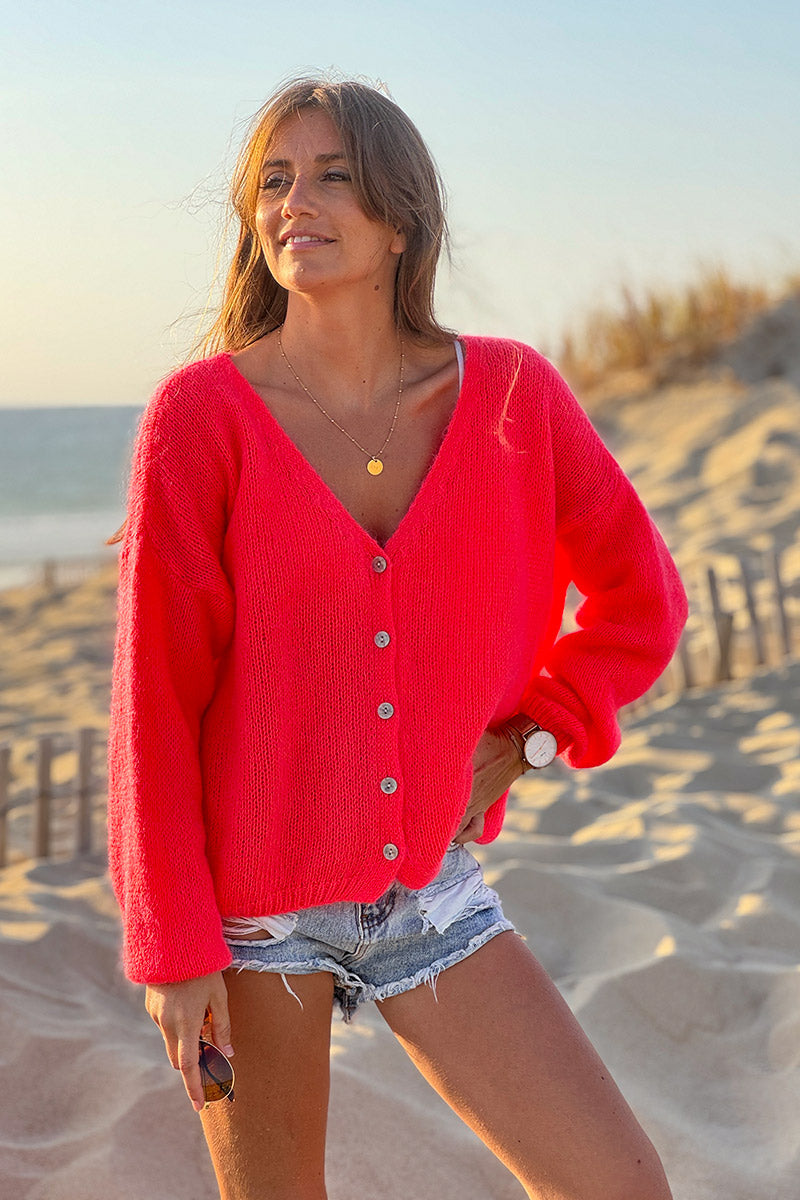 Coral Mother of Pearl Button through V-Neck Cardigan