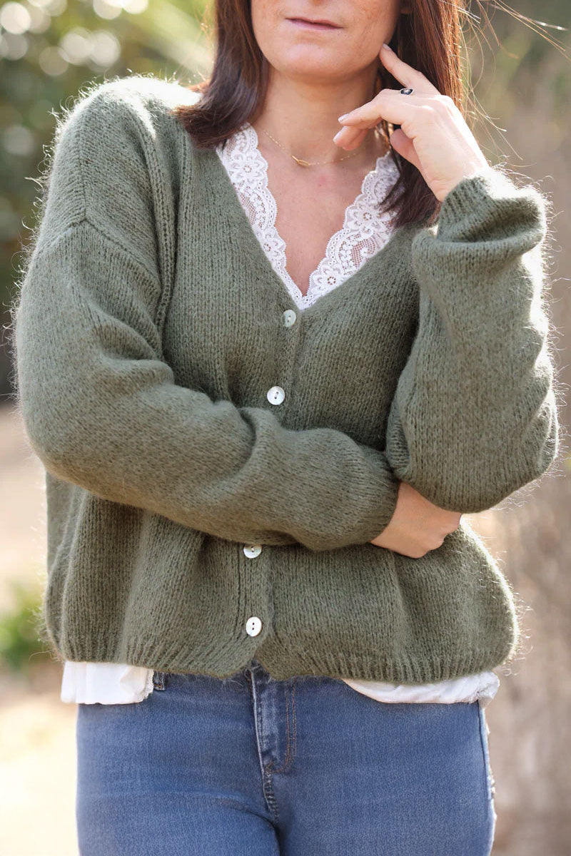 Khaki mother of pearl button through v-neck cardigan