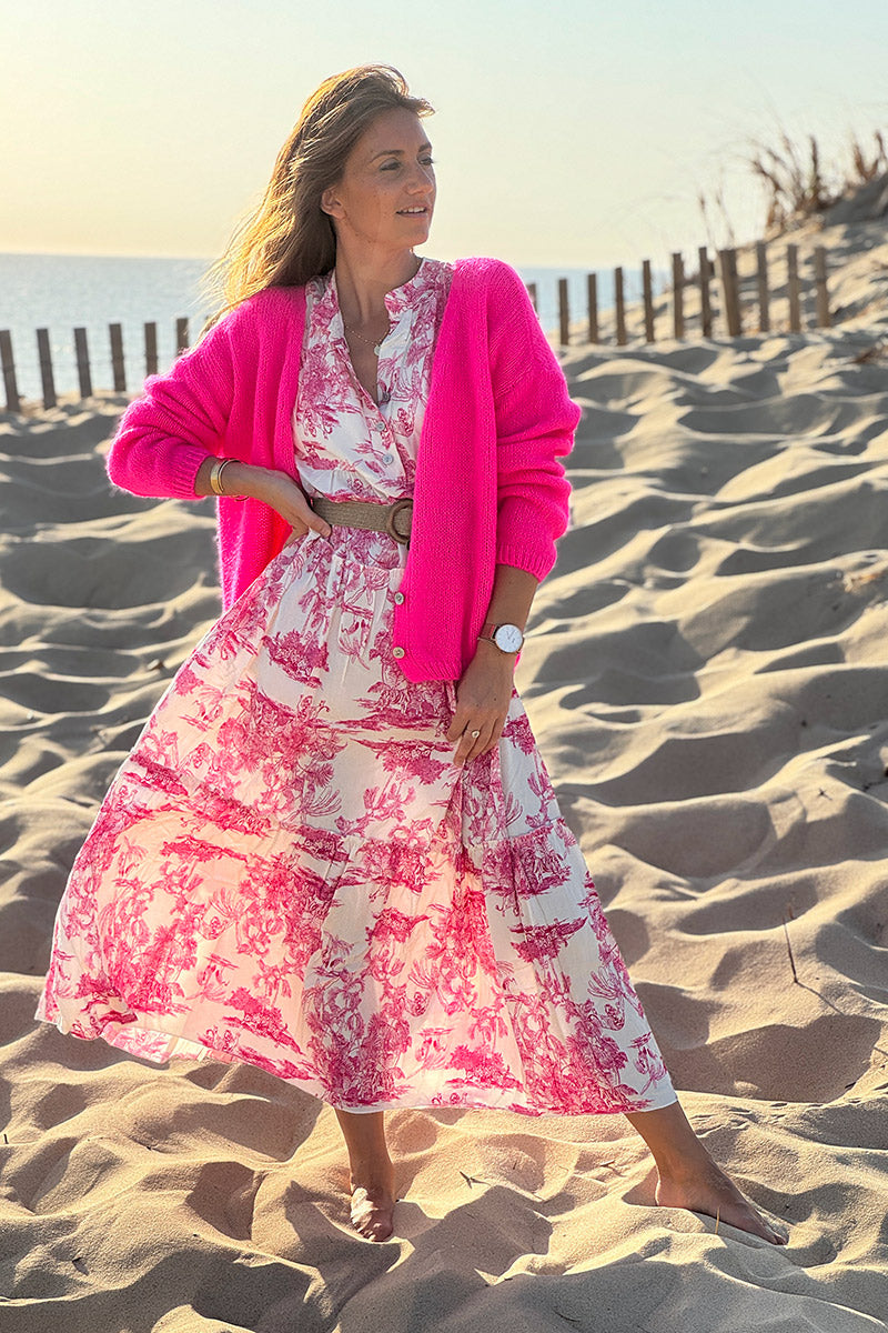Gilet uni fuchsia fluo en maille fine avec petits boutons nacrés