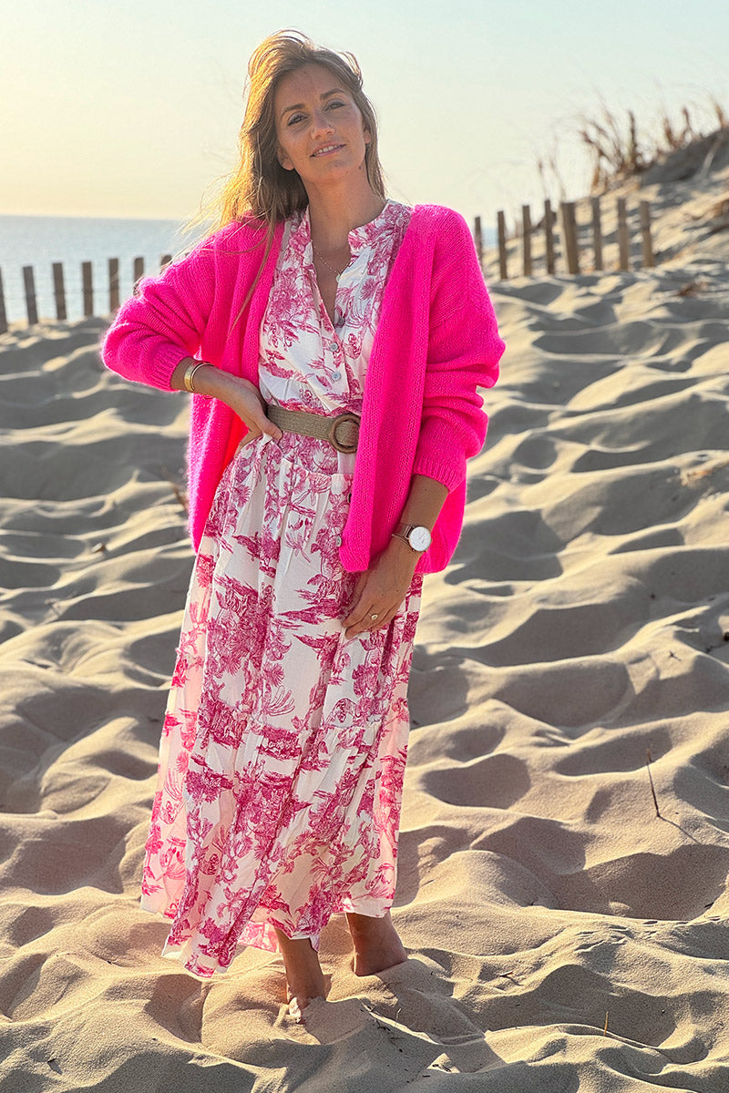 Gilet uni fuchsia fluo en maille fine avec petits boutons nacrés