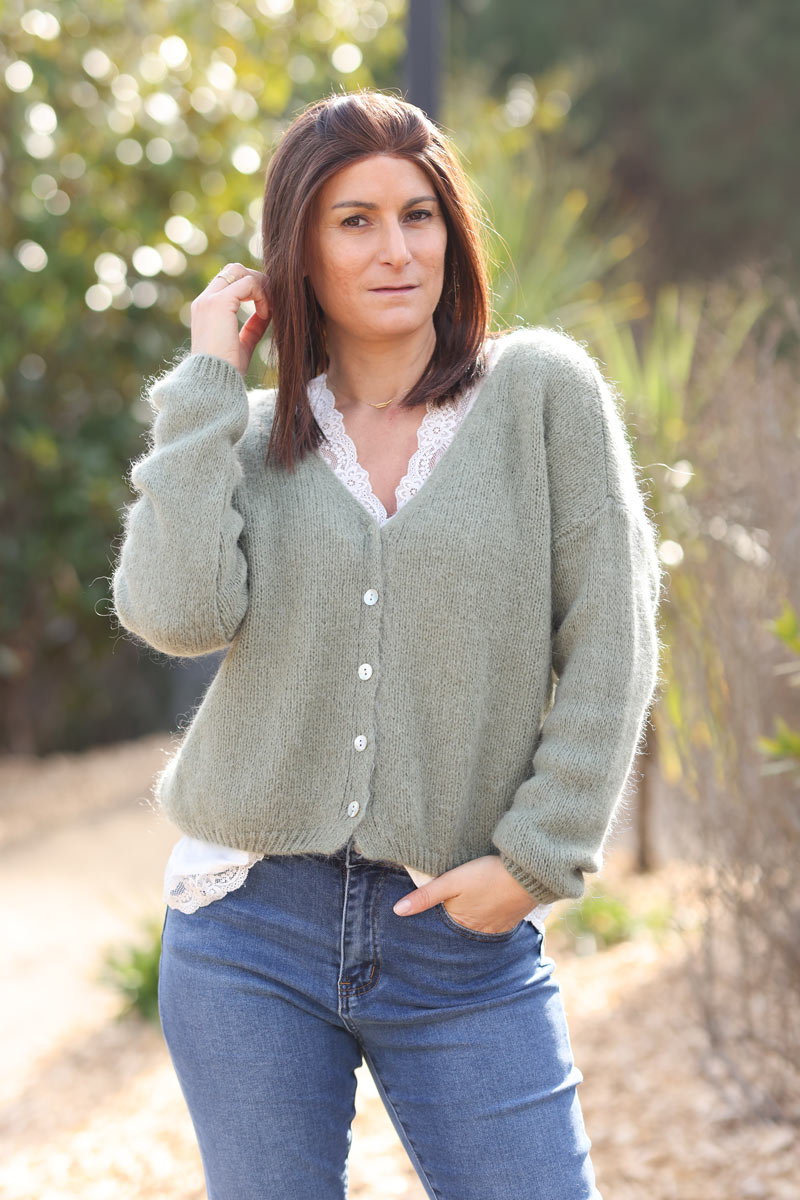 Khaki mother of pearl button through v-neck cardigan