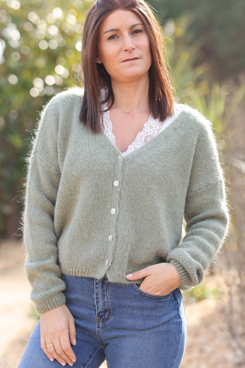 Khaki mother of pearl button through v-neck cardigan