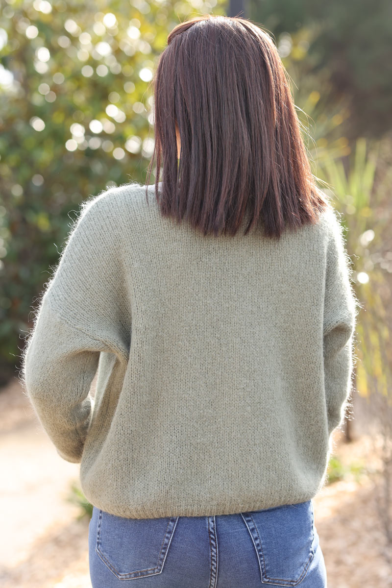 Khaki mother of pearl button through v-neck cardigan