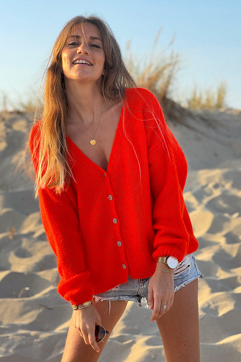 Neon orange Mother of Pearl Button through V-Neck Cardigan
