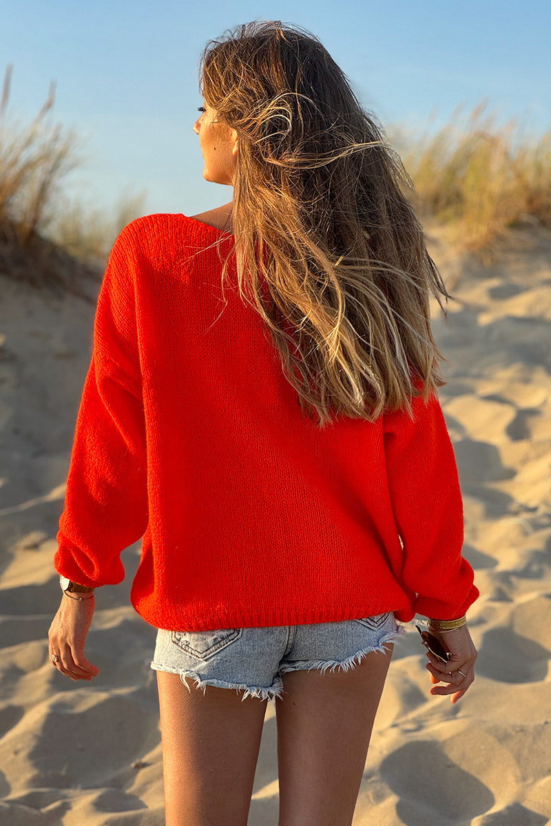 Neon orange Mother of Pearl Button through V-Neck Cardigan