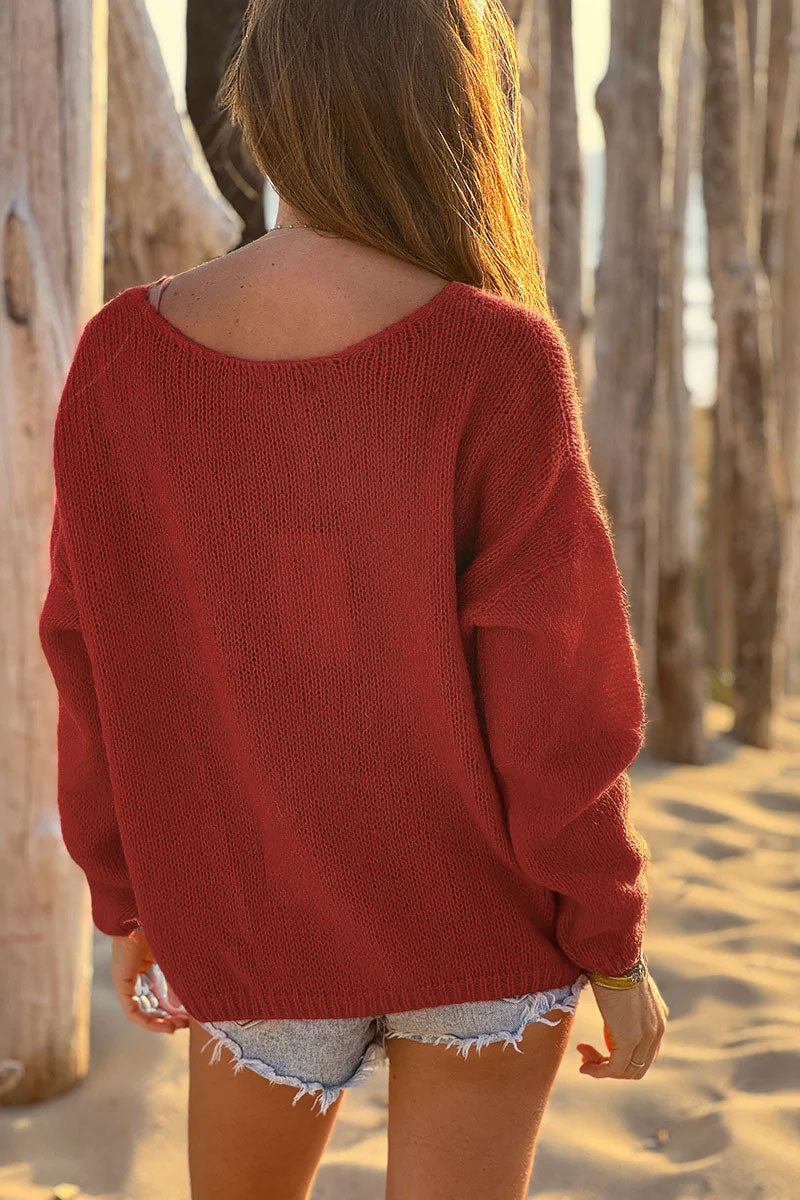 Gilet uni terracotta en petite maille avec petits boutons nacrés