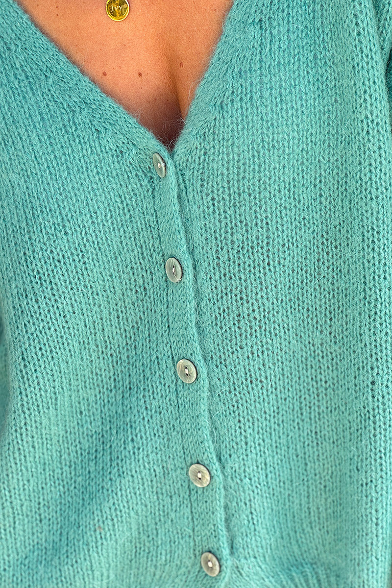 Turquoise Mother of Pearl Button through V-Neck Cardigan