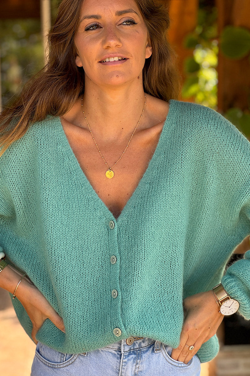 Turquoise Mother of Pearl Button through V-Neck Cardigan