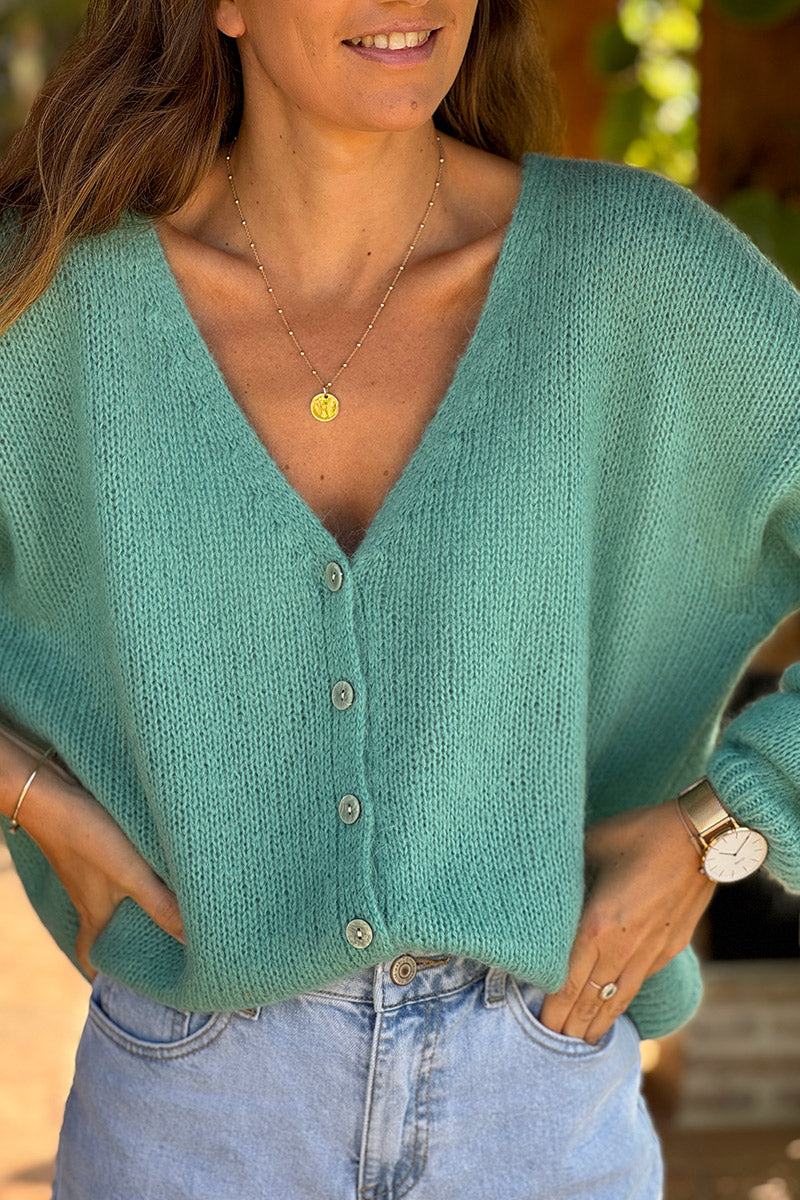 Turquoise Mother of Pearl Button through V-Neck Cardigan