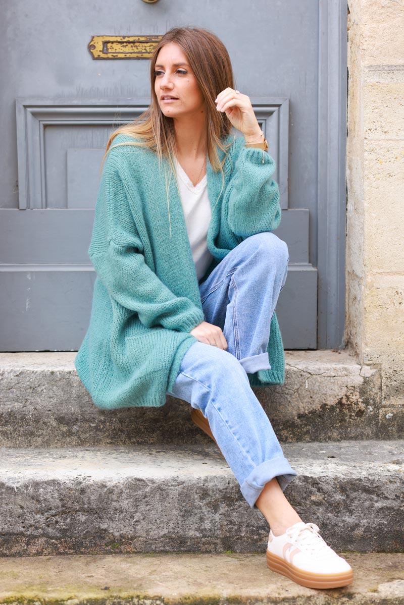 Celadon green cardigan with wrap around collar
