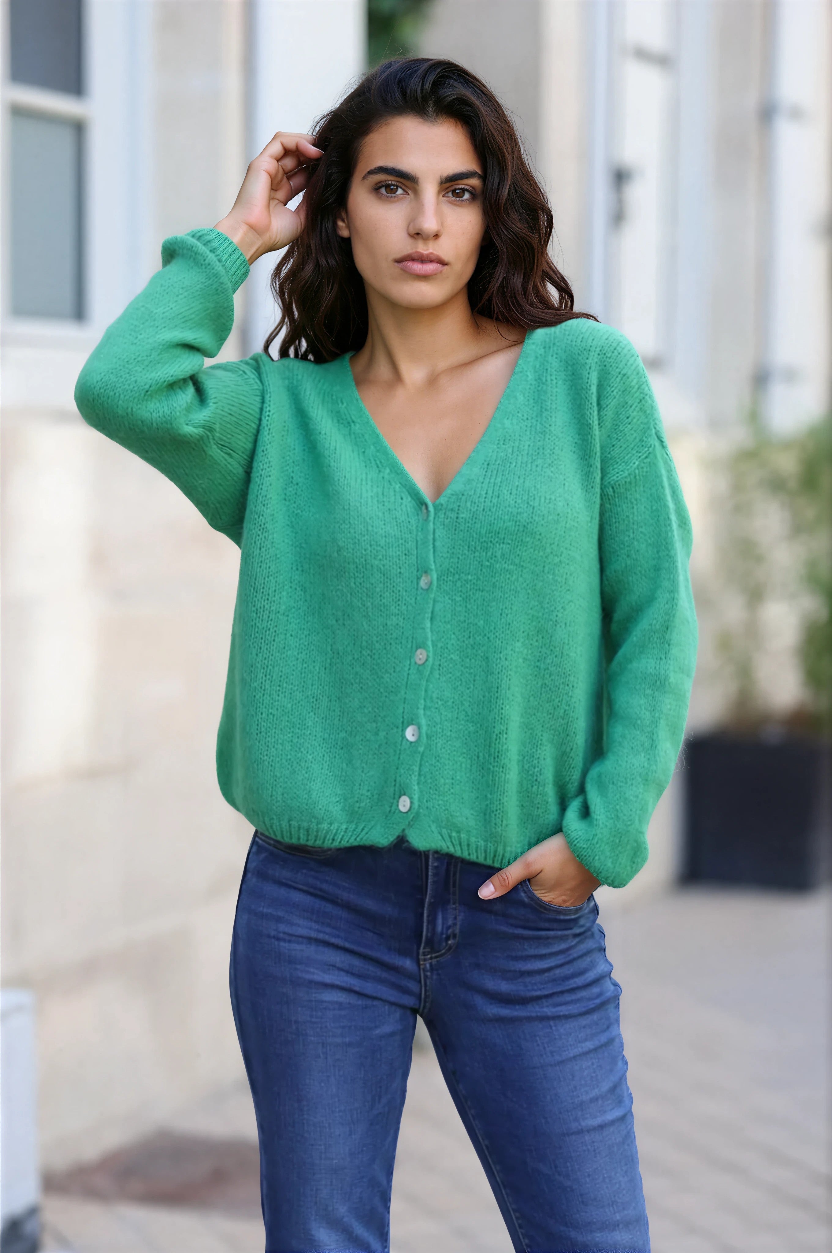 Green mother of pearl button through cardigan