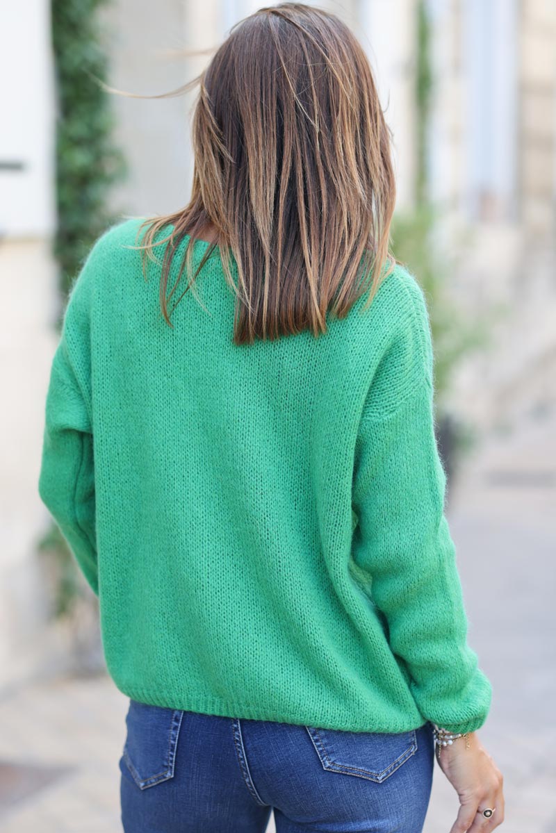 Gilet vert petite maille boutons nacres G043 (1)