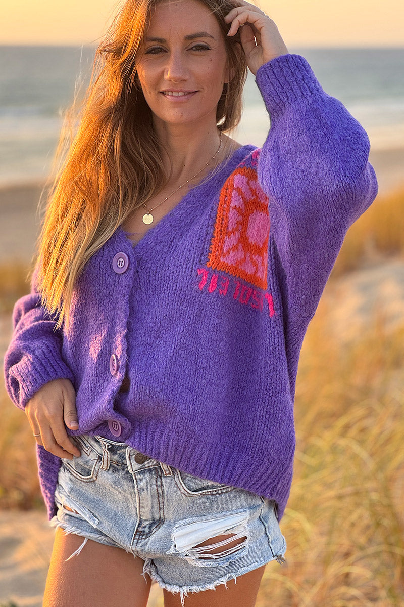 Gilet violet en grosse maille avec gros boutons le Soleil manches bouffantes