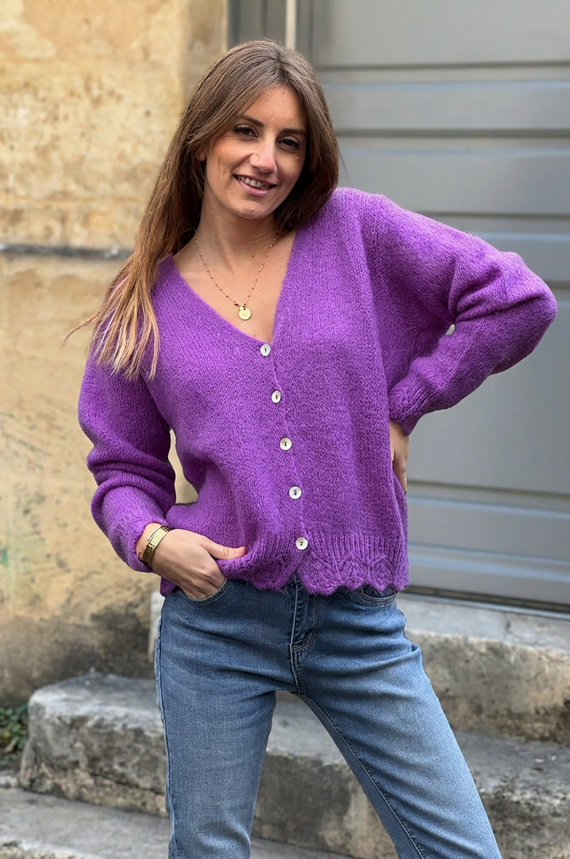 Grape Scalloped Hem Mohair Knit Cardigan - Horizons Lointains
