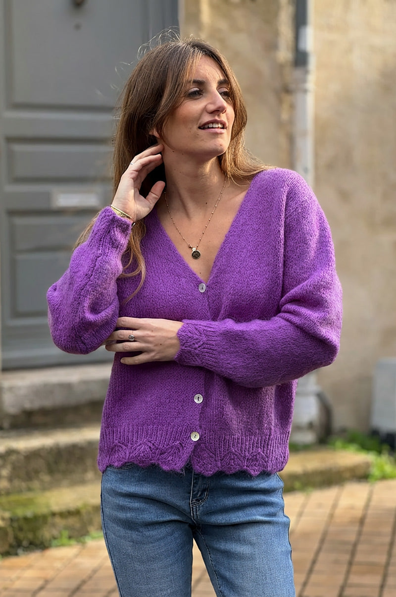 Grape Scalloped Hem Mohair Knit Cardigan