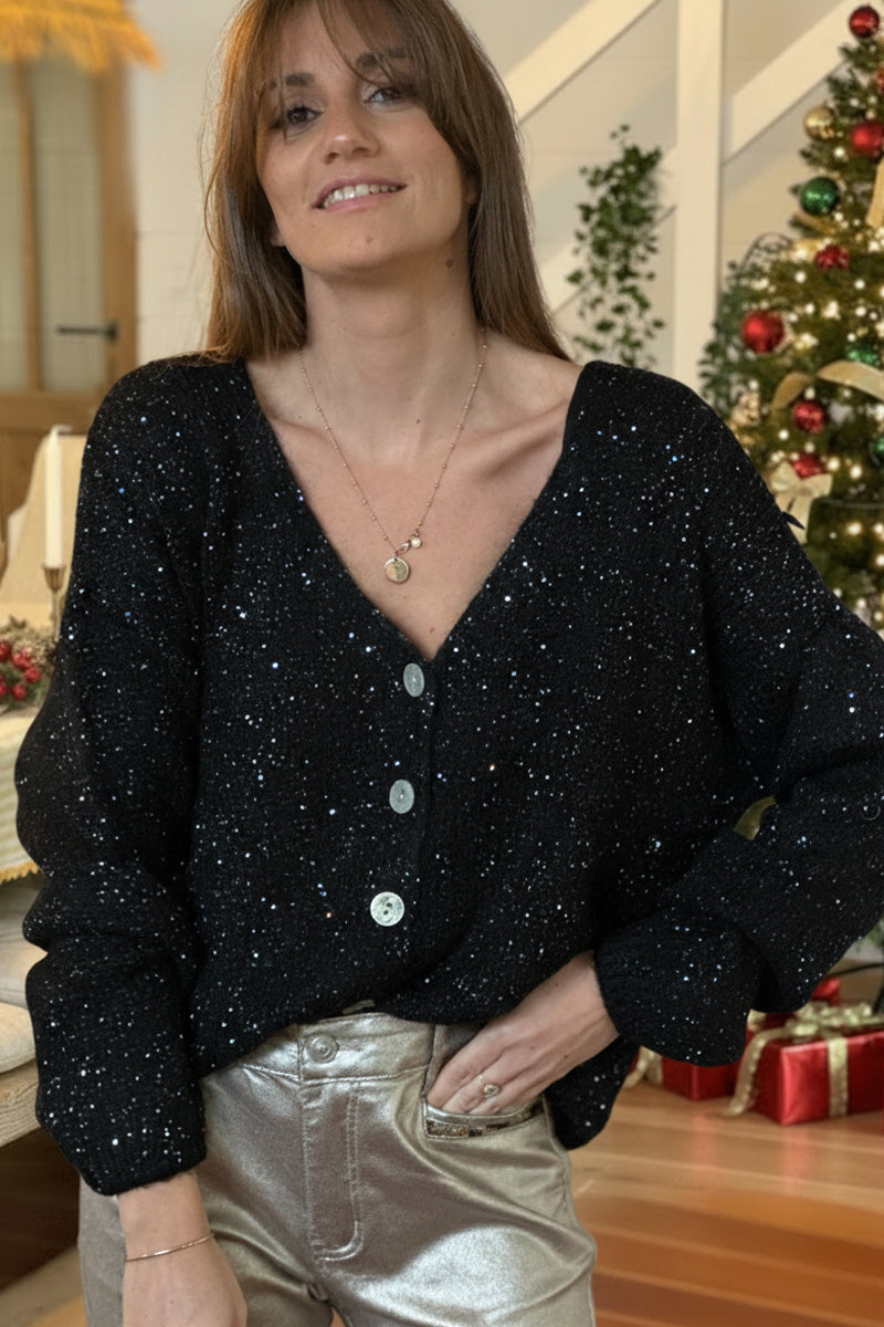 Black Sparkle Knit Button-Down Cardigan