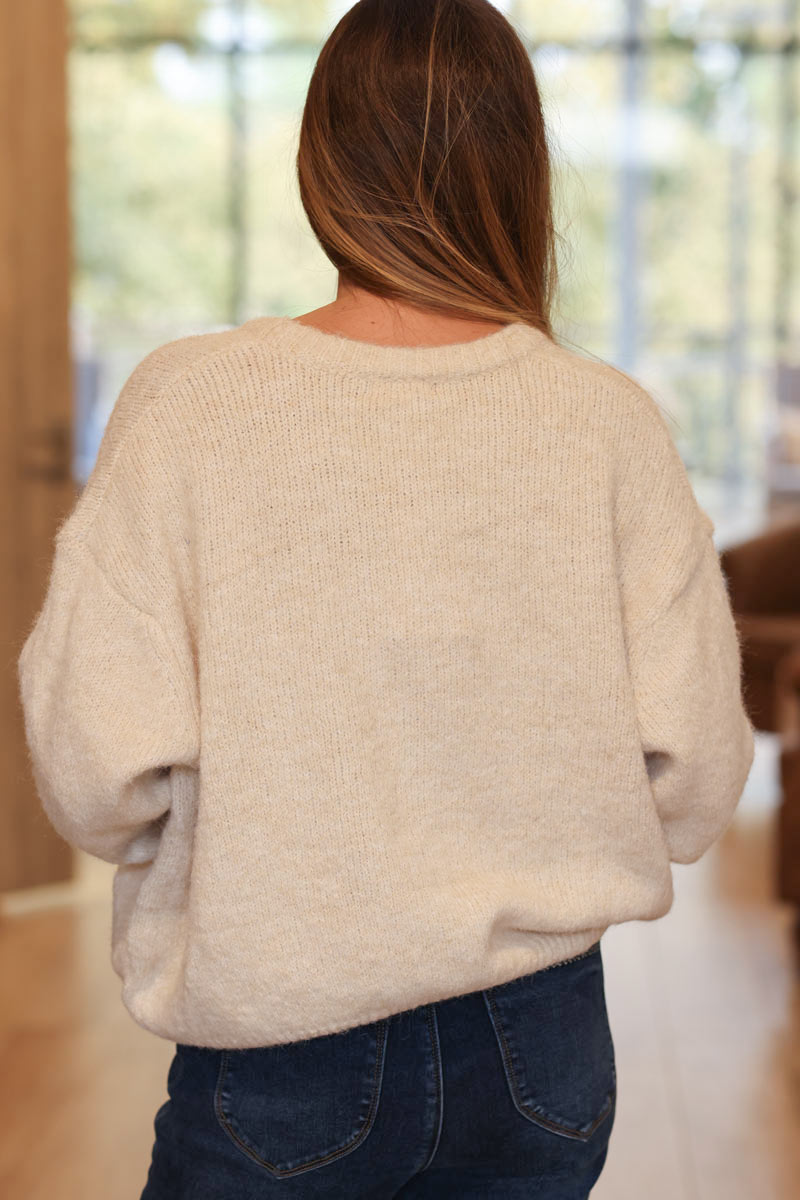 Super soft round neck cardigan Beige with mother of pearl buttons