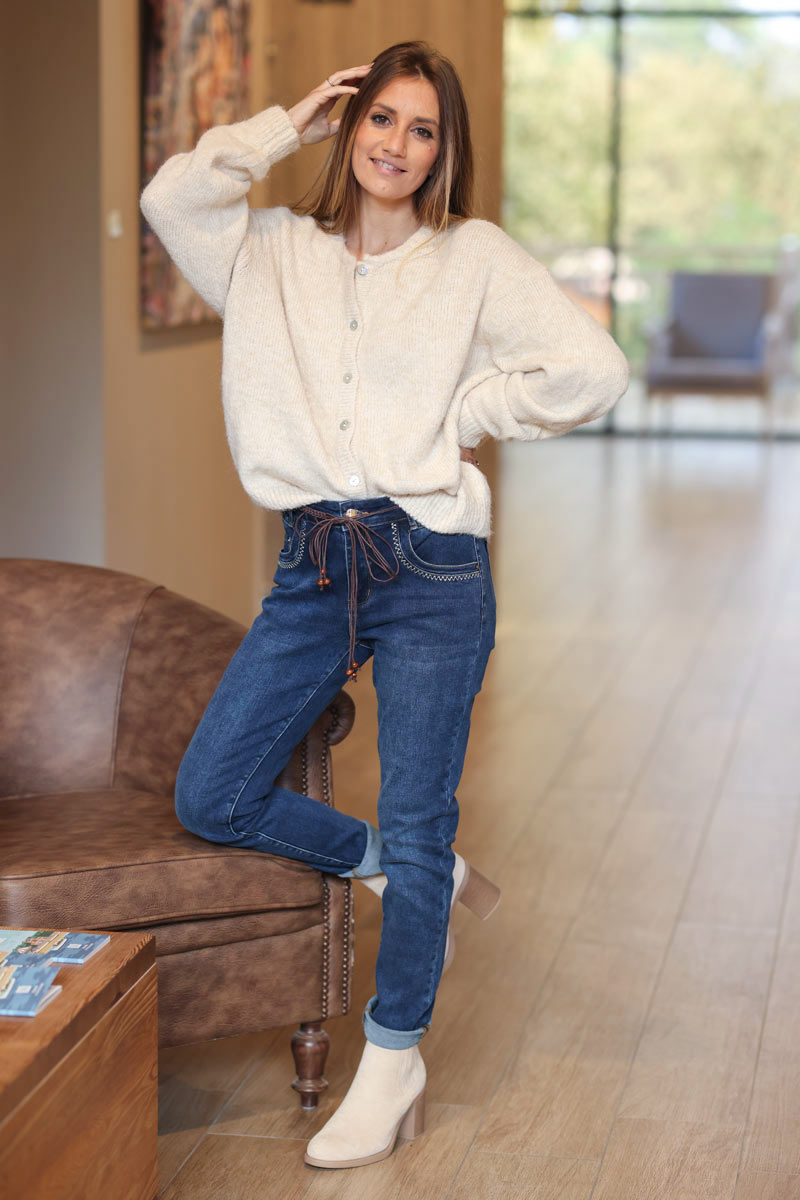 Super soft round neck cardigan Beige with mother of pearl buttons