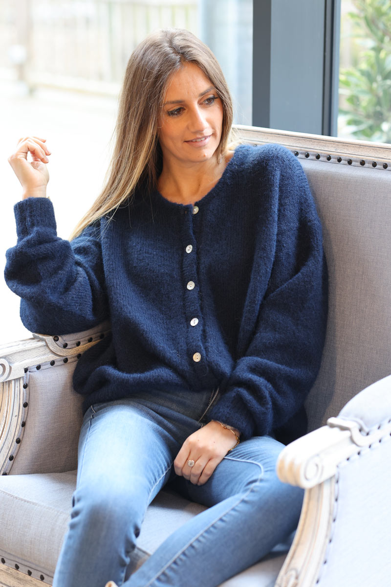 Super soft round neck cardigan navy blue with mother of pearl