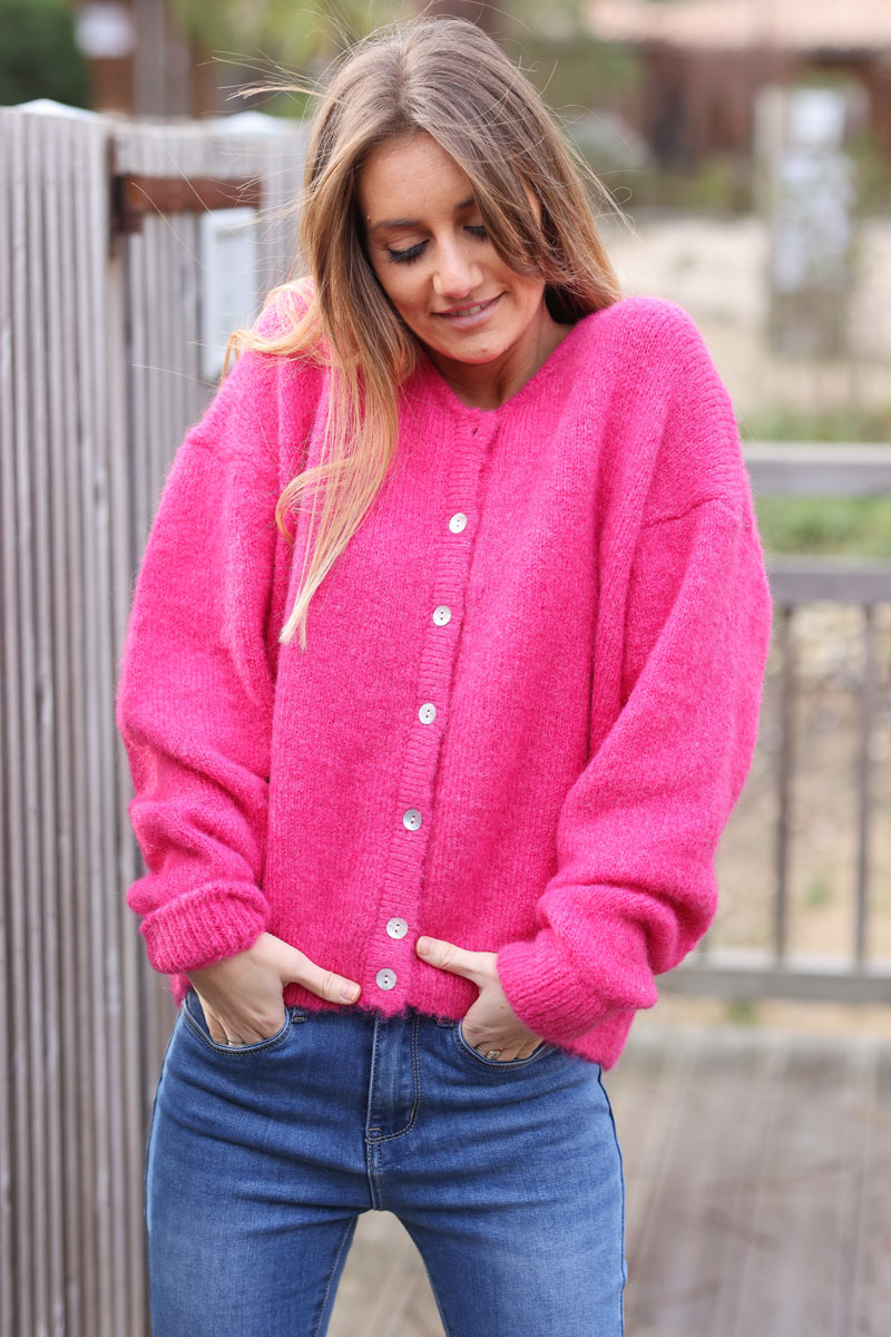 Super soft round neck cardigan fuchsia with mother of pearl buttons