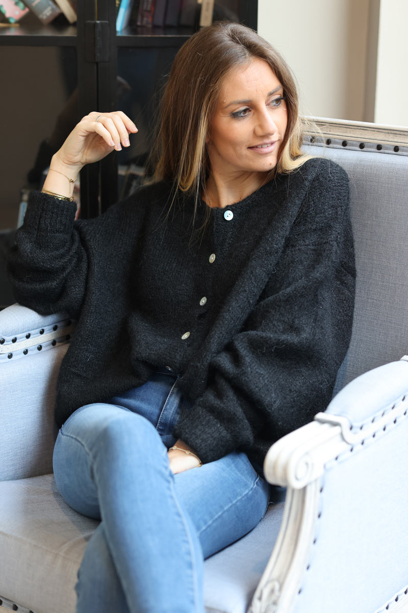 Super soft round neck cardigan black with mother of pearl buttons