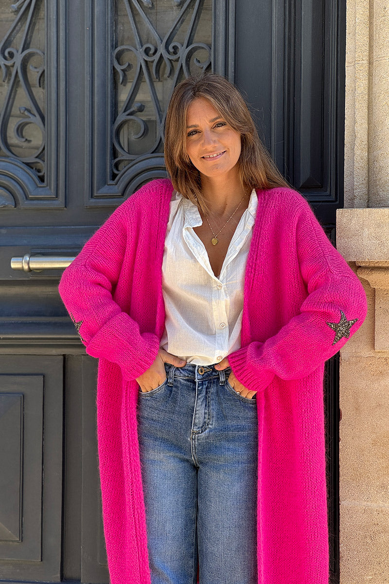 Gilet long droit fuchsia grosses mailles étoile strass manches