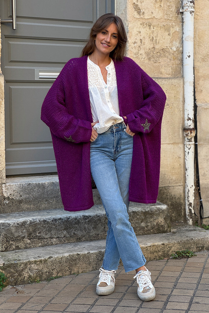 Grape Drop-Sleeve Knit Duster with Star Studded Cuffs